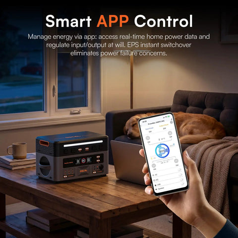 Game Changing Portable Power Station With 2016Wh LiFePo4 Battery And 500 Watt Solar Panel 3600 Watts Output Fast Charge Solar Generator For Home Backup Weekend Warrior Rigs app control screen with power station on wooden table, cozy living room setting.