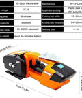 Heavy Duty Automatic Strapping Tool, Rechargeable Battery Powered Packaging Machine with orange and black handheld design.
