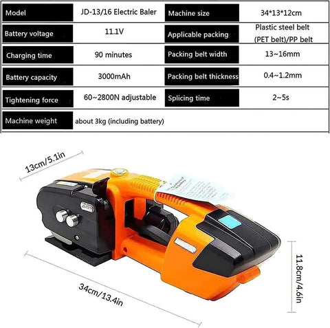 Heavy Duty Automatic Strapping Tool, Rechargeable Battery Powered Packaging Machine with orange and black handheld design.