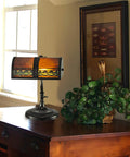 Mica Mission Desk Lamp with Deep Burnt Umber Mica Shade and Scimitar Pattern, 48 Pieces of Hand Rolled Art Glass in Dark Bronze Finish