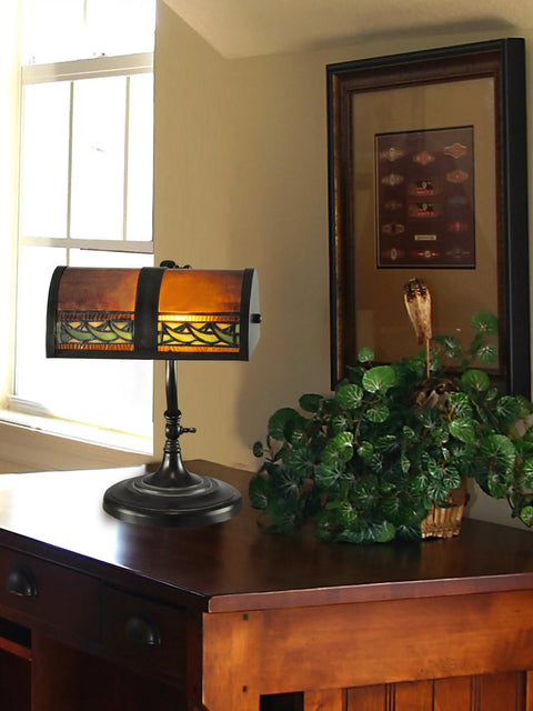 Mica Mission Desk Lamp with Deep Burnt Umber Mica Shade and Scimitar Pattern, 48 Pieces of Hand Rolled Art Glass in Dark Bronze Finish
