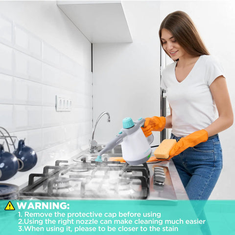 High Powered Handheld Steam Cleaner With Comprehensive Accessory Kit being used by a woman in kitchen to clean surfaces.