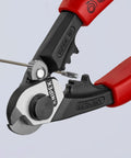 Close-up of Heavy Duty Wire Rope Cutter And Crimping Tool With Comfort Grip Pro Grade cutting a wire rope, showing cutting mechanism.