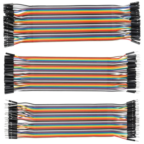 Assorted jumper wires from DIY Electronics Breadboard And Jumper Wires Kit For Prototyping, multi-colored 20-29 AWG cables.
