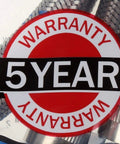 5-year warranty sticker on Heavy Duty Stainless Steel Washing Machine Hoses 8 Ft Burst Proof 2 Pack Red And Blue Striped Water Inlet