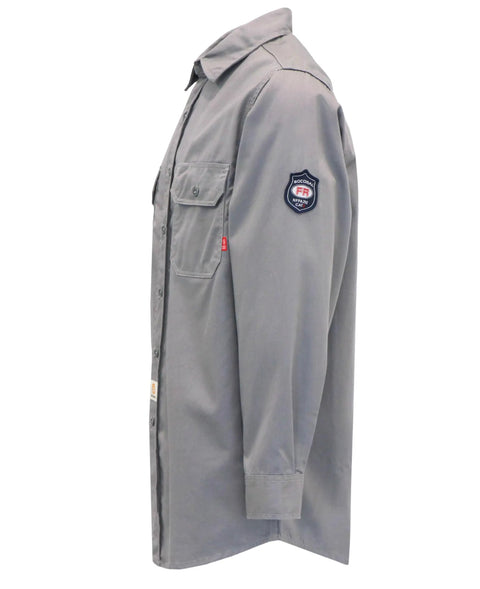 Men Lightweight Flame Resistant Cotton Twill Work Shirt Water Repellent Oil Stain Proof Hardcore Industrial Workwear Built Tough For Welding Rig Job Sites side view in grey with embroidered patch.