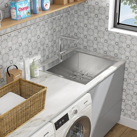 Installed drop-in laundry sink, 304 stainless steel, 16-gauge, 25x22x12 in, single bowl.