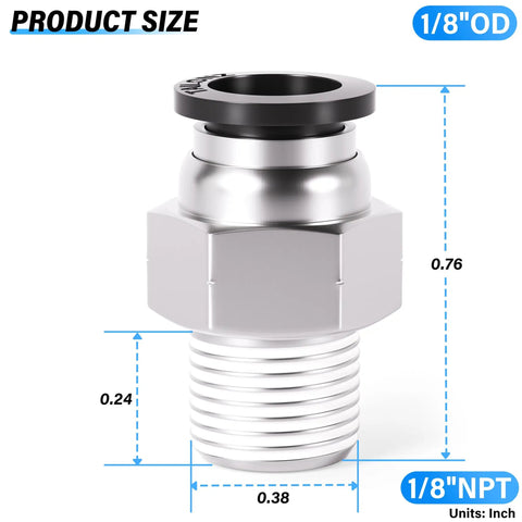Diagram of Easy Push To Connect Pneumatic Fittings Straight Male One Eighth Inch Tube OD To One Eighth Inch NPT Thread showing dimensions