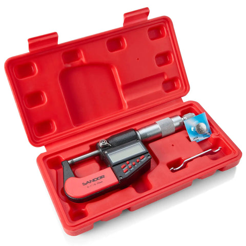 Digital Outside Micrometer With Carbide Tip For Precise Measurements 0 To 1 Inch And 0 To 25 Mm Range With 0.00005 Inch And 0.001 Mm Accuracy in red case