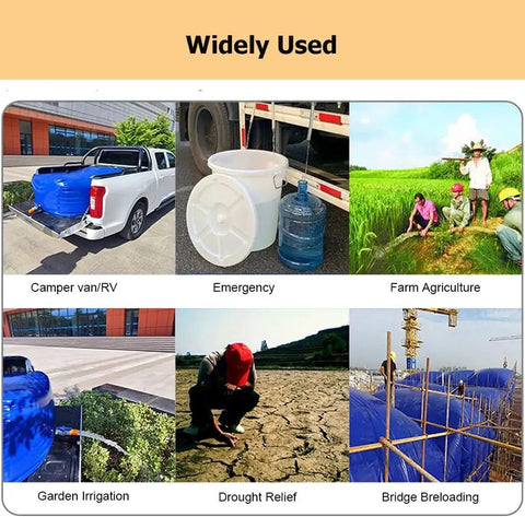 Collapsible Portable Water Storage Tank With Valve 500L uses include camping, agriculture, drought relief, and irrigation shown in images.