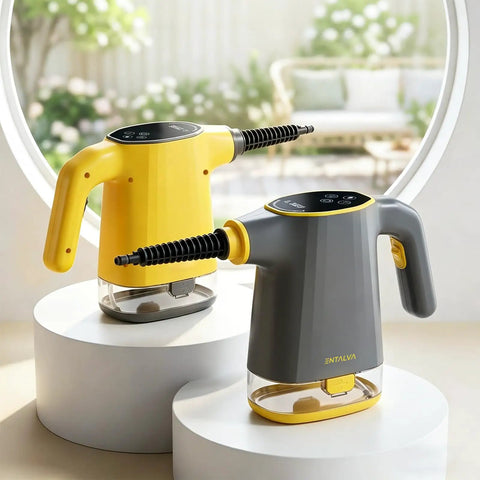 Entalva Handheld Steam Cleaner Gray With Smart Led Display And 15 Pieces Cleaning Kit on display next to a yellow variant.
