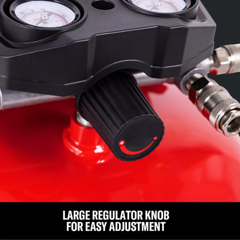 Close-up of the large regulator knob on Craftsman 6 Gallon Oil Free Pancake Air Compressor for easy adjustment.