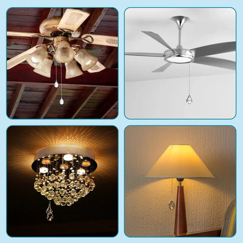 Crystal Glass Ceiling Fan Pull Chain Set, 2 Pack With 20 Inch Extensions on various ceiling fans and lamps.