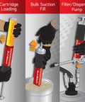 Illustration showing the Beast 7500 PSI Pistol Grip Grease Gun With 18 Inch Hose Pro Grade Anodized Aluminum Barrel in 3 loading modes.