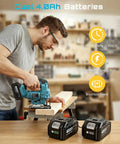 Badass Brushless Cordless Jigsaw Featuring Dual Four Ah Batteries and Rock Solid Variable Speed Settings for Lightning Fast Precision Cuts on Wood and Steel Projects, with one jigsaw and two batteries in workspace.