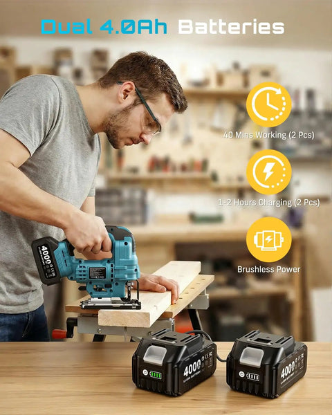 Badass Brushless Cordless Jigsaw Featuring Dual Four Ah Batteries and Rock Solid Variable Speed Settings for Lightning Fast Precision Cuts on Wood and Steel Projects, with one jigsaw and two batteries in workspace.