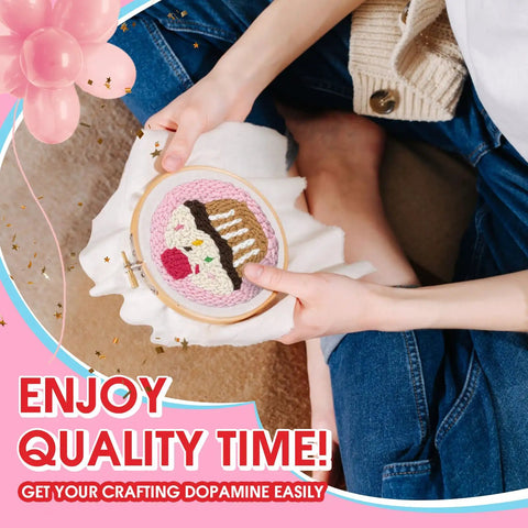 Person creating design with Punch Needle Coaster Kit 6 Pack For Beginners And Adults Easy DIY Embroidery Set With Patterns Tools Yarns Hoop Instructions And Coaster Holder In A Gift Box
