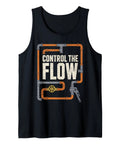 Plumbing Tank Top For Tradesmen With Gritty Pipe And Valve Wrench Graphic Control The Flow Vintage Shop Grade Lightweight Classic Fit Crew Style Sleeveless Tee For The Daily Blue Collar Grind, black with graphic design