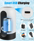 5 Gallon Water Dispenser Pump With USB Charging, showing battery and compatible charging options, BPA Free, white color