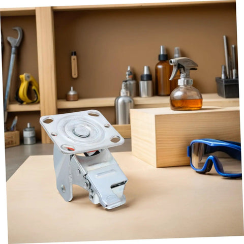 Heavy Duty 4 Inch Swivel Caster Bracket With Sure Grip Brake Lock and Quick Turn Wheel Frame for Workshop Hardware and Household Furniture Built Tough Steel Weight Plate on workbench.