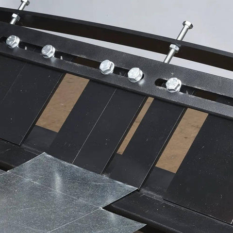 Close-up of MB48B 48 Inch Pan Style Mini Brake bending 22GA galvanized steel sheet, showing bolts and workspace details.