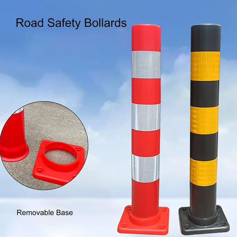 Heavy Duty Plastic Safety Bollard Post With Bright Reflective Tape Yellow Traffic Road Pile And Parking Barrier Come With Mounting Base No Sweat Installation Rock Solid Durability