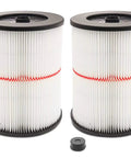 Replacement Cartridge Filter For Wet Dry Vacs Five Gallon And Larger Fits Six Gallon Eight Gallon Twelve Gallon Sixteen Gallon Thirty Two Gallon Vacuums General Purpose Heavy Duty Vacuum Filter Two Pack showing filter details and caps.