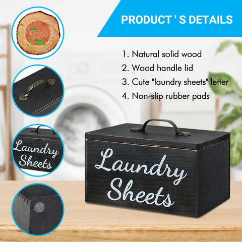 Rustic Black Dryer Sheets Holder With Lid For Decor, showing lid handle, "Laundry Sheets" text, wooden design, and rubber pads detail.