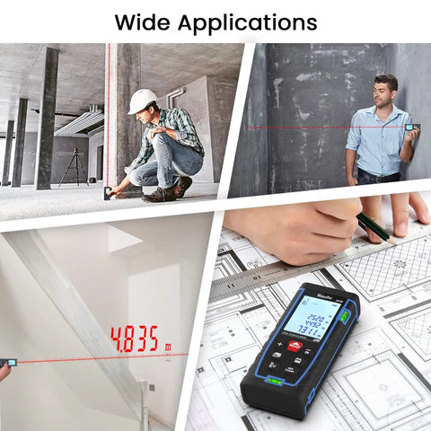 165 Feet Laser Distance Meter With Pythagorean Mode For Quick No Fuss Measurements Of Distance Area And Volume IP54 Dust And Water Resistant Two Bubble Levels Large Backlit LCD Display For Easy Readouts used on-site for layout and construction