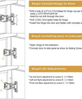 Installation instructions for Heavy Duty 20 Pack Soft Close Cabinet Hinges One Half Inch Full Overlay shown in three steps.