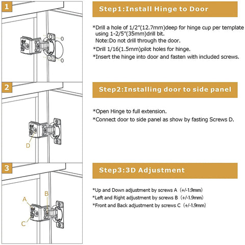 Installation instructions for Heavy Duty 20 Pack Soft Close Cabinet Hinges One Half Inch Full Overlay shown in three steps.