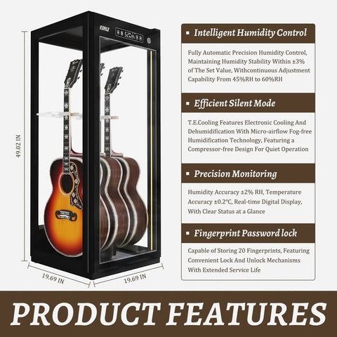 Premium Guitar Display Case With Humidification And Constant Temperature Control, Smart Touch And Fingerprint Lock, showing guitars.