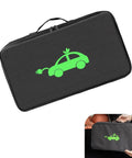 Heavy Duty Waterproof Oxford EV Charger Bag Stores All Your Cables And Guns Securely Includes A Comfy Grip Handle Universal Fit Keeps Your Rig Slick And Zero Sweat, shown from above with a green car graphic.
