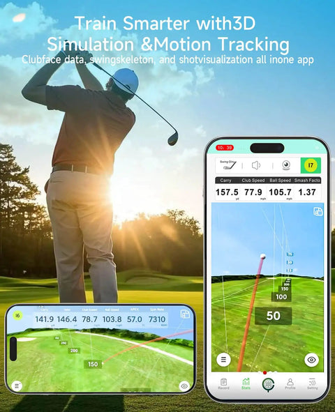Golfer using Golf Launch Monitor Pro X1 Plus with smartphone swing analysis on a sunny golf course, showing shot visualization.
