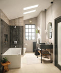 Modern bathroom interior with Genta Chrome Two-Handle Widespread Slick Modern Bathroom Faucet With Drain Assembly For 3-Hole Sinks.
