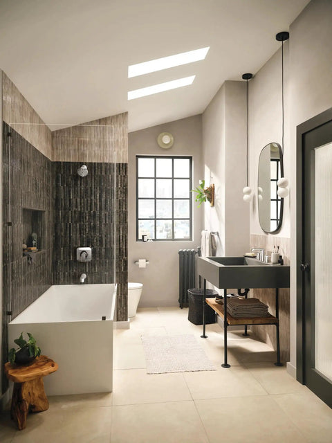 Modern bathroom interior with Genta Chrome Two-Handle Widespread Slick Modern Bathroom Faucet With Drain Assembly For 3-Hole Sinks.