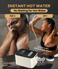 Digital Smart Instant Hot Water Recirculating Pump Kit With Snappy Touch Screen For Under Sink Install And Flexible PEX Supply Hose For Potable Water Sets A Clean All In One Plumbing Setup That Fires Off Hot Water Fast As Lightning On The Fly Today. Instant hot water recirculator with user enjoying warm shower.