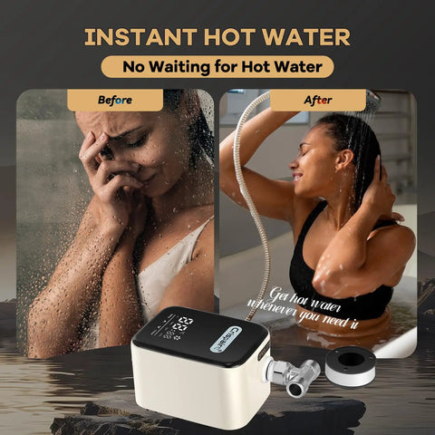 No More Cold Showers Straight Hot Water From Any Tap With This Smart Under Sink Recirculating Pump showing before and after shower experience.