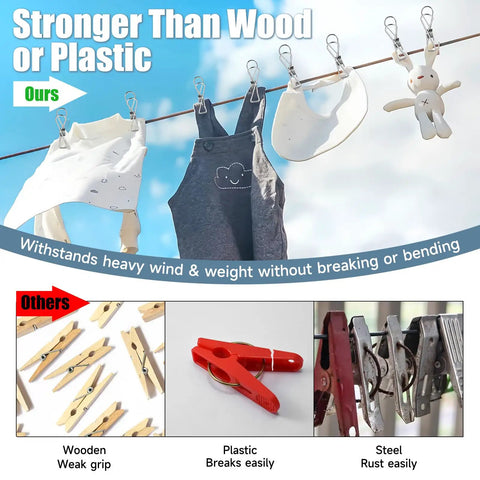 Built Like A Tank Heavy Duty Stainless Steel Clothes Pins 20 Pack Large Metal Laundry Clips holding clothes on a line outdoors.