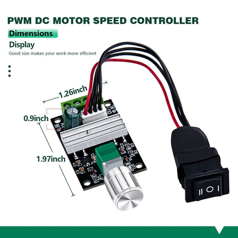 Boss PWM Motor Speed Controller for DC Motors With Forward and Reverse Reversible Knob Switch, dimensions displayed