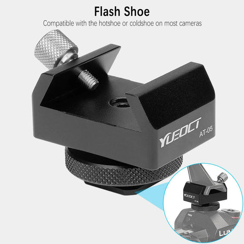 Finderscope Mount Adapter With Dovetail Base And 1/4 Inch Threaded Hole for DSLR Cameras, angled view showing flash shoe compatibility