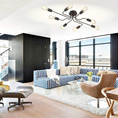 8 Light Sputnik Chandelier Black Semi Flush Mount Ceiling Light With Industrial Vintage Metal Art Design in modern living room