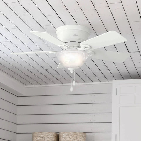 Conroy Indoor Low Profile Ceiling Fan With LED Light And Pull Chain Control 42 Inch Snow White Finish installed on a ceiling