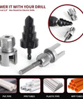 PVC Pipe Threading Tool Kit Three Piece Set For Electric Drill with cutters, reamer, and step drill bit visible.