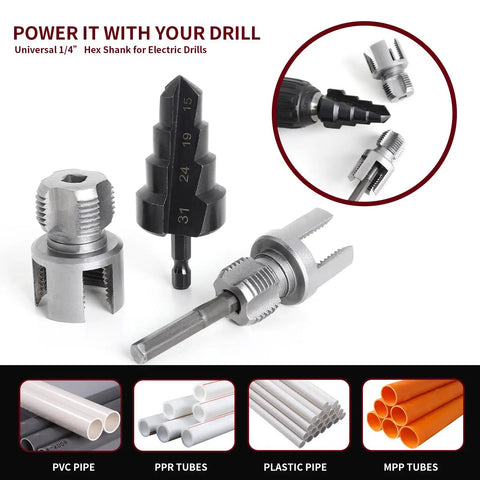 PVC Pipe Threading Tool Kit Three Piece Set For Electric Drill with cutters, reamer, and step drill bit visible.