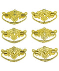 Six Piece Antique Style Bail Drawer Pull Set With Screws Gold Finish Handles For Dresser Closet Cupboard Wardrobe Measuring 2.8 x 1.8 Inches Classic Metal Hardware Upgrade in a decorative pattern, front view.