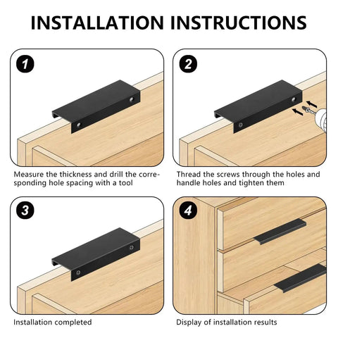 Installation guide for 30 Pack Black Cabinet Handles Modern Drawer Pulls for Kitchen and Bath, step-by-step on wood drawer.