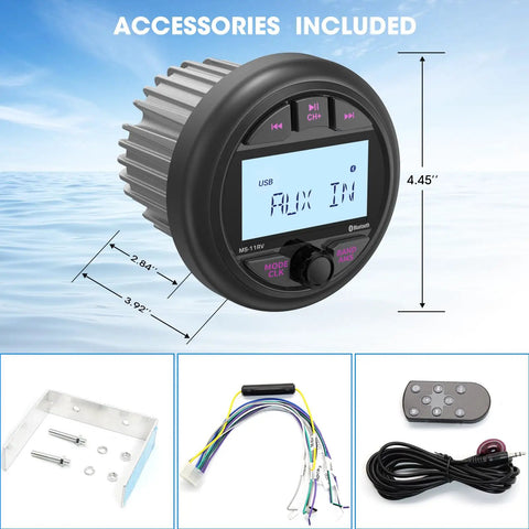 Waterproof Marine Bluetooth Stereo Head Unit with AM FM Radio, 2.8 Inch LCD Display, accessories included.