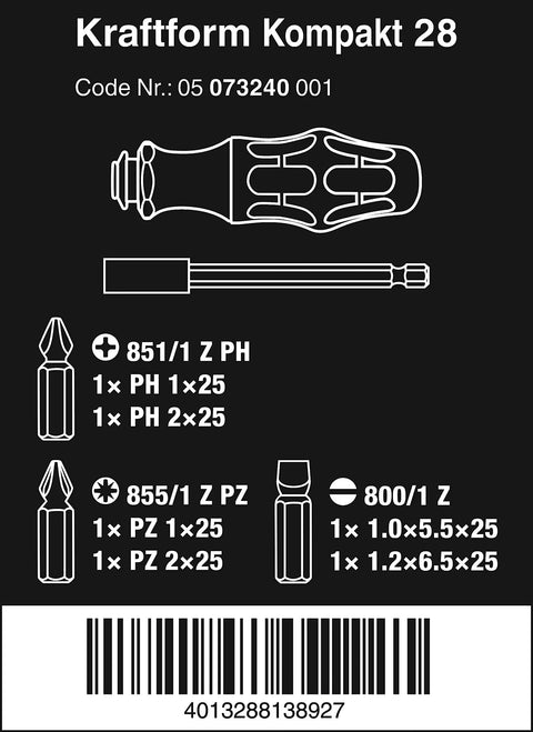 Diagram of Kraftform Kompakt 28 SB Combi-Driver With Magazine, bayonet adapter, bit specifications, and barcode on black background.