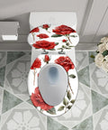 Quiet Close Elongated Toilet Seat for Bathroom with red rose design on a white surface, top view with floral decor.